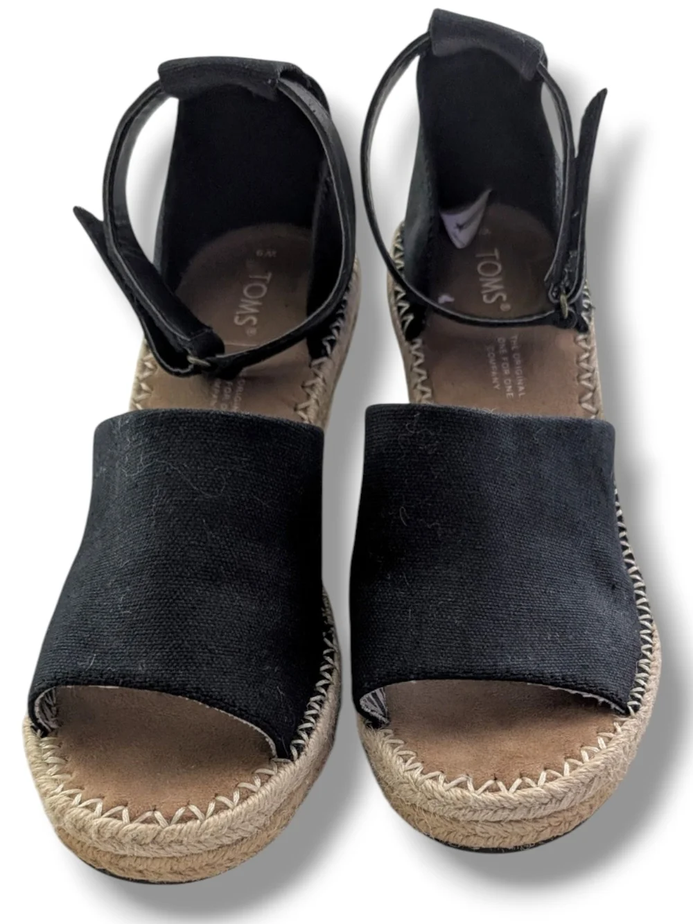 Toms Marisol Black Espadrille Wedge Sandals with Ankle Strap, Size 6